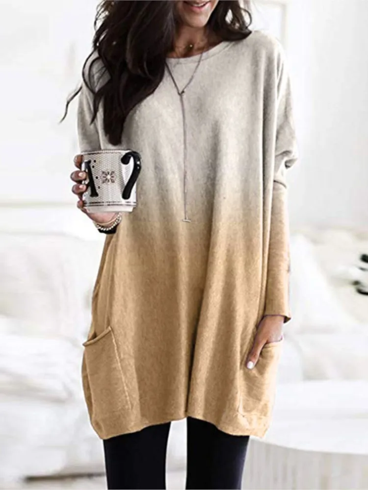 Women\'s Autumn Winter New Fashion Gradient Color Long Sleeved Casual Pocket T-shirt Round Neck Top Women\'s Clothing
