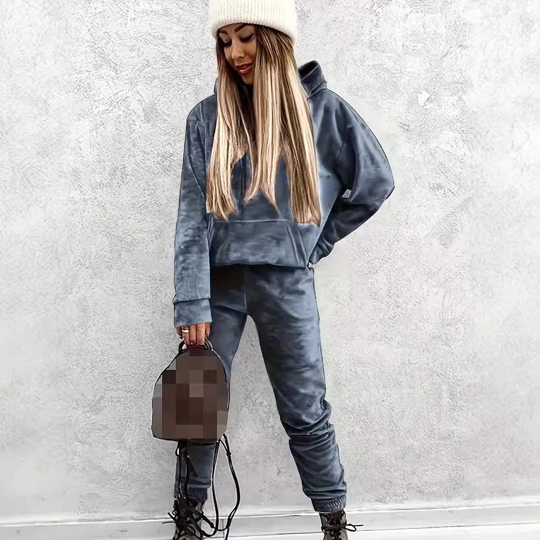 女性スポーツスーツフード付きスウェットシャツパンツ 2 ピースセットポケットパーカートップズボン衣装スポーツウェア秋冬トラックスーツ