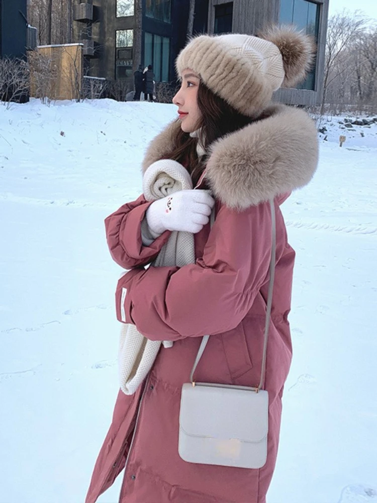 MENINA BONITA 2022 Winter Jacket Women Real Natural Big Fox Fur Collar Hooded White Duck Down Coat Warm Loose Fashion Outerwear