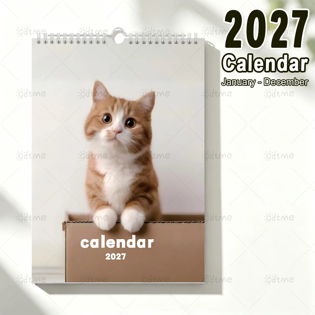 Calendrier mural 2027 avec de jolis chatons, planificateur suspendu à spirale pour 12 mois, calendrier artistique avec un adorable chat orange, décoration intérieure et cadeau pour les amateurs de chats.