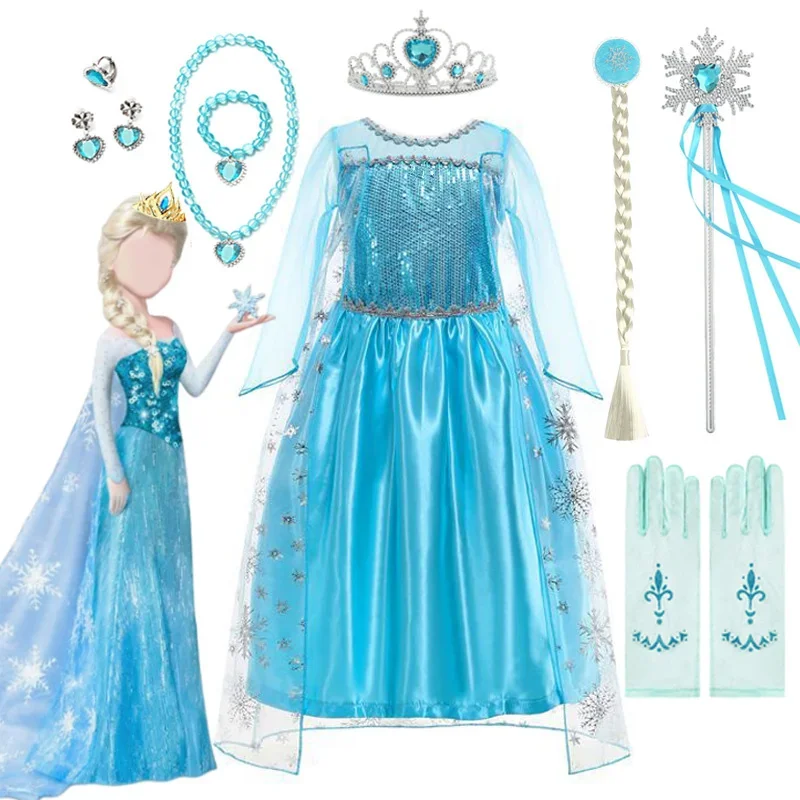 Girls Elsa Princess Dress for Long Sleeve Kids Birthday Cosplay Frozen Snow Queen Costume Fancy 2024 Carnival Party Dress Up