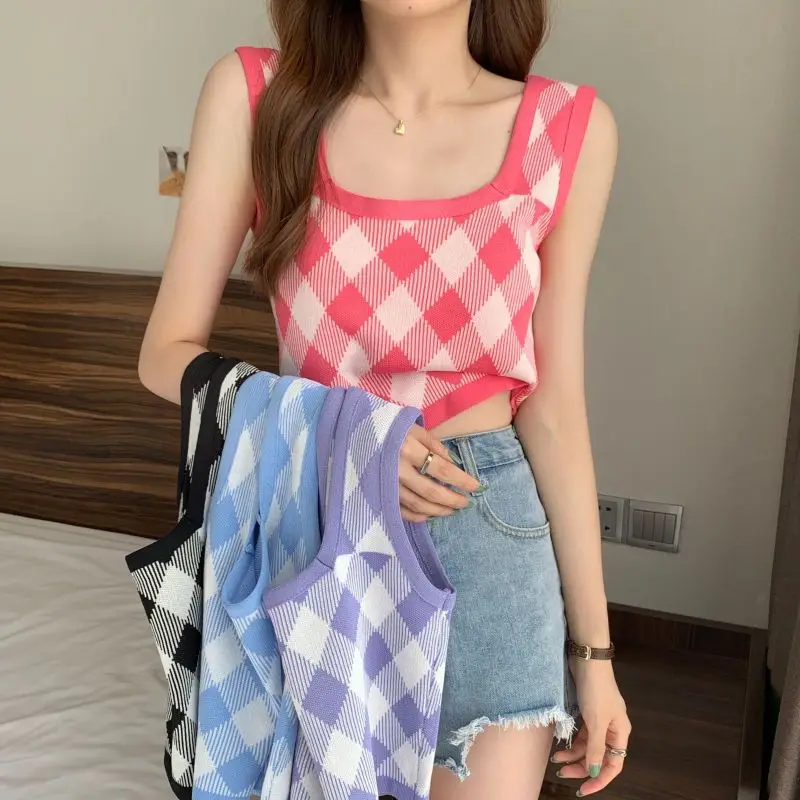 Retro Fashion Plaid Knitting Tank Top Summer New Women Clothing Sweet All-match Elasticity Top Tee Female Casual Pullover Tshirt