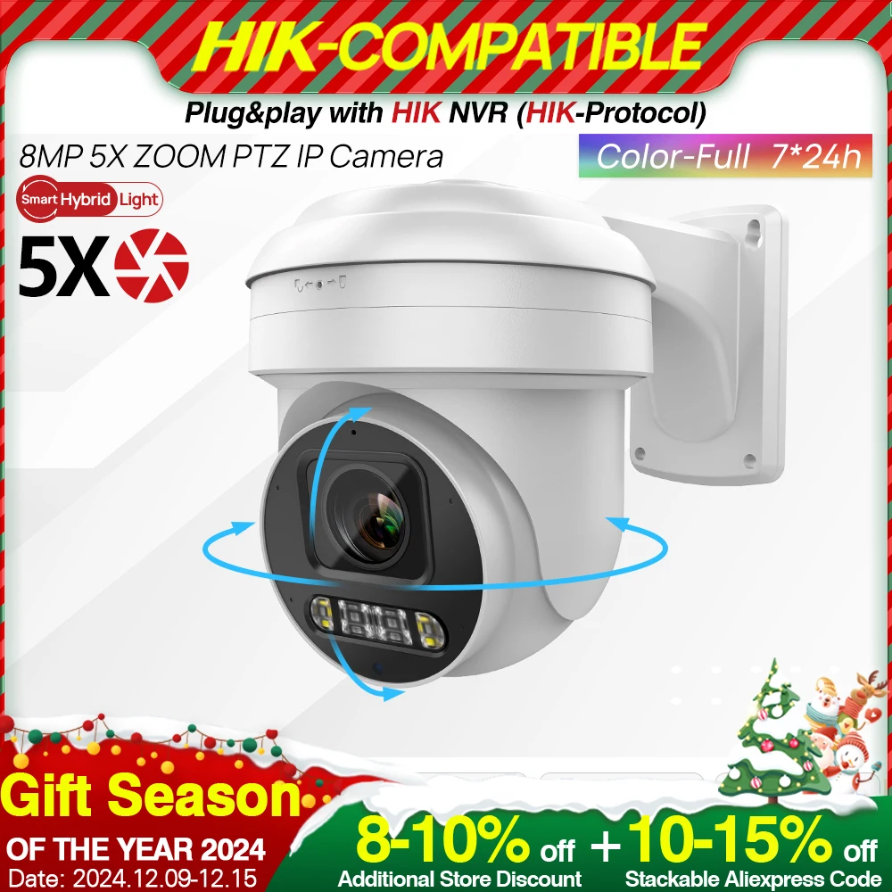 Summer Sale Hikvision Compatible 8MP ColorVu PTZ IP Camera 5X Zoom Hybrid Light 2-way Audio SD Card slot Network CCTV Camera