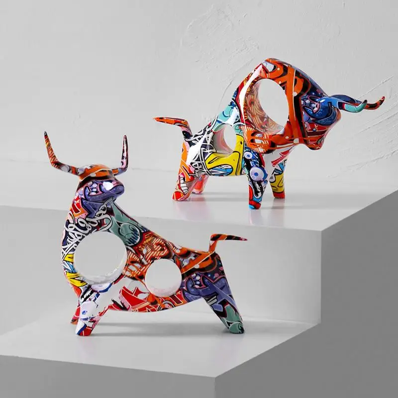 Bull Statue Resin Graffiti Bull Statue Color Full  Minimalistic Bull Decor Figurine Creative Ornament Craft Figurine Sculpture