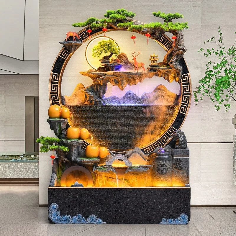 Water curtain wall, flowing water landscape, feng shui wheel, lucky entrance, living room, clubhouse, round fountain ornament