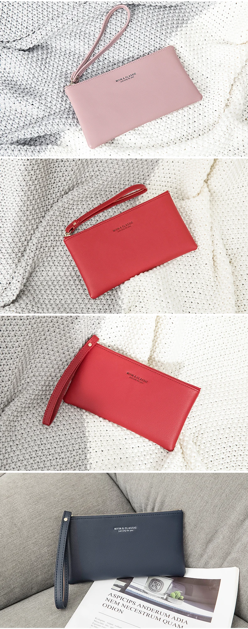 Neue minimalistische Geldbörse mit Reißverschluss, hochwertige PU-Leder Kreditkarten- und Handy-Aufbewahrungstasche, ultradünne Damen-Langbörse, Handtasche – Detail 9