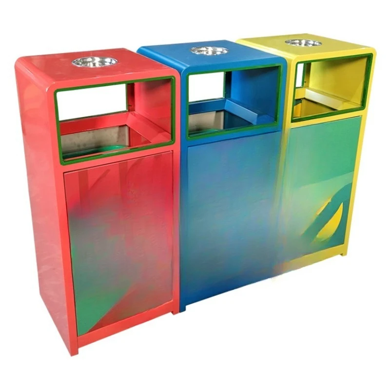 Three-color thickened stainless steel sorting trash can in outdoor tourist attractions