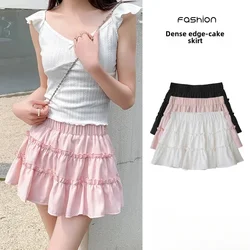 Elegant pink mini dress new summer thin style French ballet design cake skirt lace edge WOMEN'S JK skirt