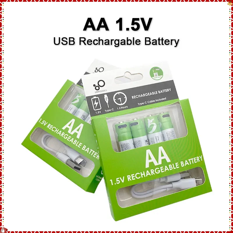 40pcs/lot AA USB Rechargeable Battery 1.5V 2600mWh Li-ion Battery for Remote Control Mouse Small Fan Electric Toy Battery +Cable