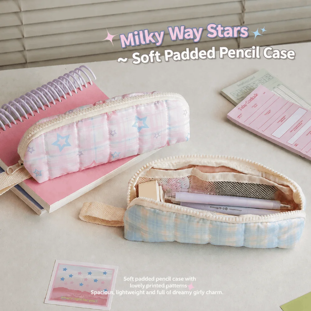 Kawaii Quilted Pencil Case Pink Star Large Capacity Pen Bag Polka Dot Portable Stationery Storage Case For Students