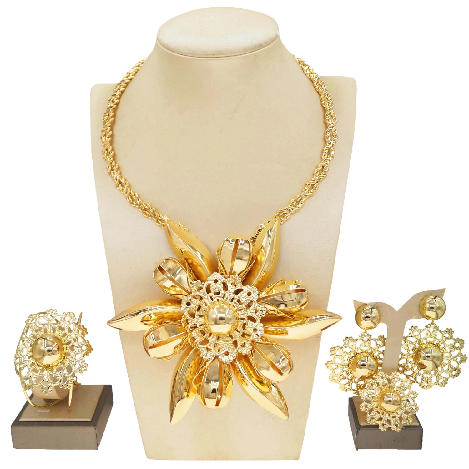 High Quality Light Weight Gold Plated Jewelry Set for Women Big Flower Pendant Necklace African Party Accessories