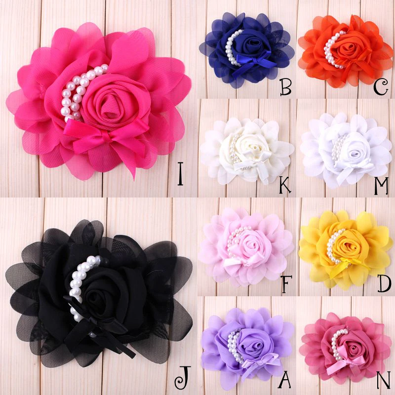 (5pcs/lot) 10 Colors New Stock Chiffon Rose Pearl Flower For Infant Children Hair Accessories Candy Color Flower For Hair Band