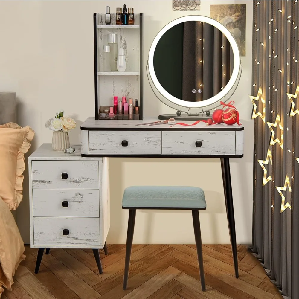 

Makeup Table with Lighted Mirror, Human Body Induction,with Side Cabinet, 2 Drawers, Bedroom Dressing Table with Stool