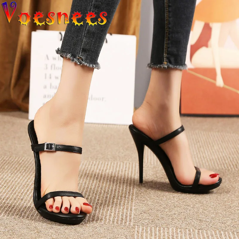 New Design Metal Buckle Slippers Fashion High Heel White One Word Band Shoes Woman Pumps Summer Slides Comfort Everyday Sandals