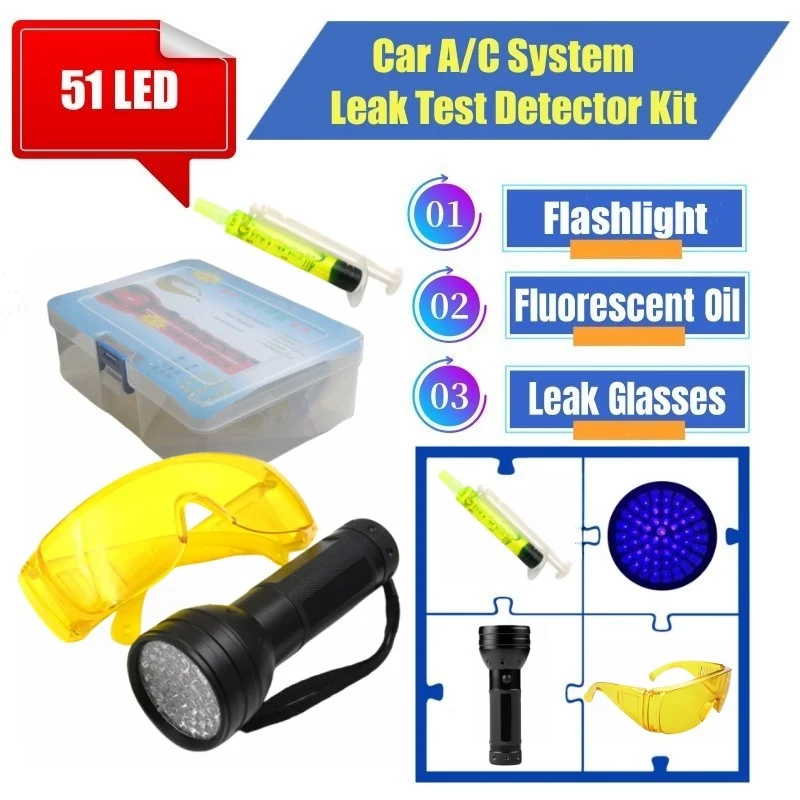 51 LED UV Flashlight  Car  Air Conditioning A/C System Leak Test Detector Kit  Glasses Fluorescent oil Tool Set