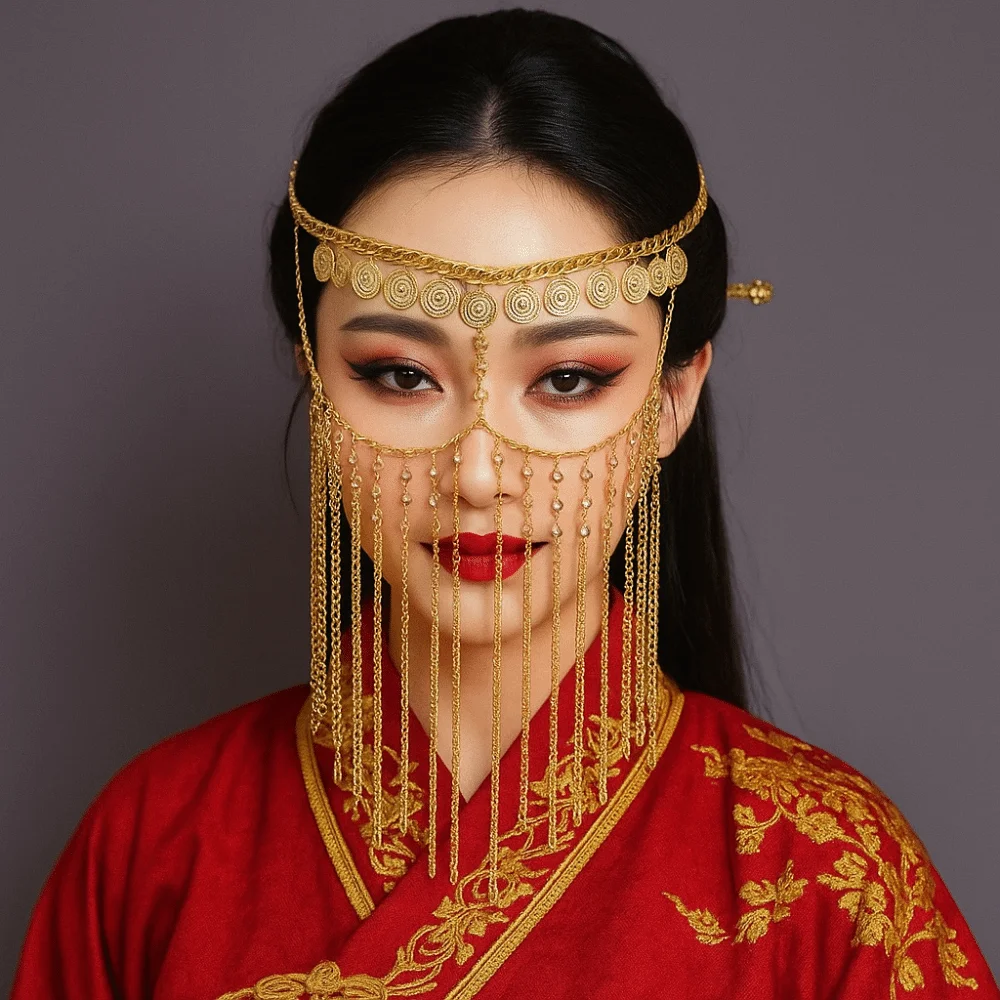 Fashion Coin Bell Belly Dance Face Veil Gold Rhinestone Curtain Head Chain Cosplay Headband Ethnic Style Masquerade Mask Women