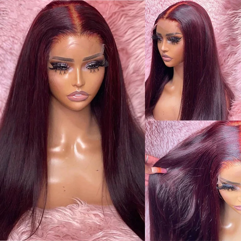 

Soft Burgundy 26inch 180% Density 99j Long Silky Straight Lace Front Wigs For Black Women Baby Hair Glueless Preplucked Daily