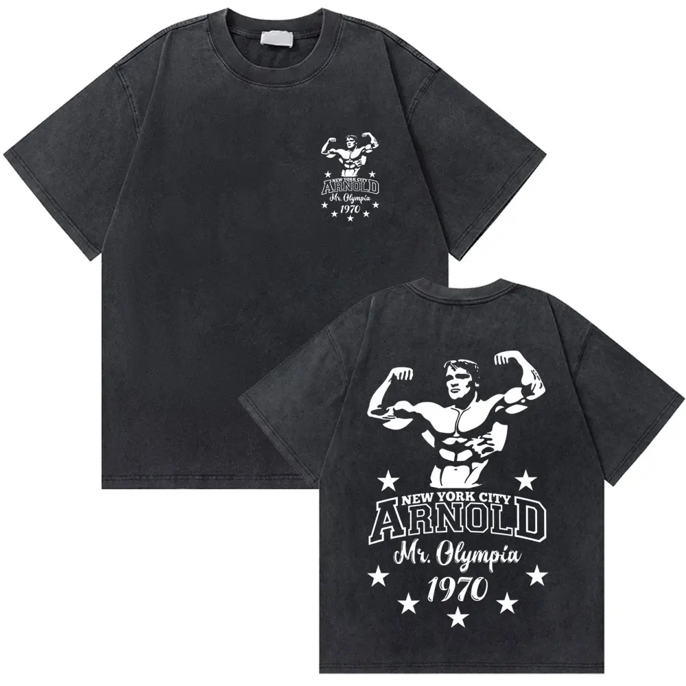Washed Vintage Arnold Schwarzenegger Mr Olympia Fitness Gym T-shirt Men Causal Retro Cotton T Shirt Men's Fashion Brand T-shirts