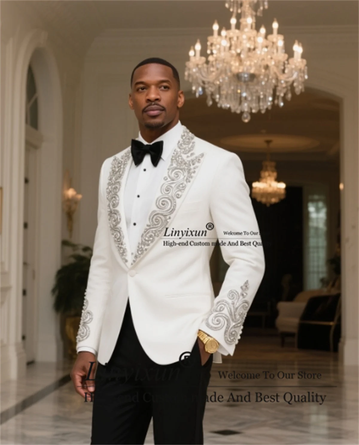 Sparkly Diamond Ornament Men Suit 2 Pieces Sets Groom Male Blazers Slim Fit Customized Wedding Tuxedos High End Ropa hombre