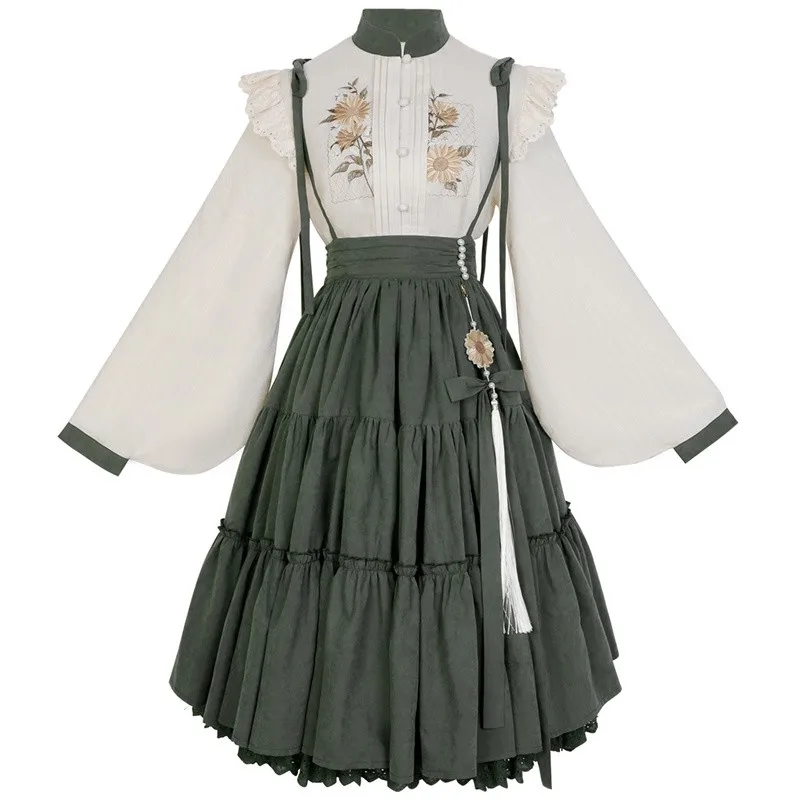 Chinese Lolita Dress Set Elegant Vintage Ruffle Lolita Skirt +white Blouse Autumn Winter Cute Retro Idyllic Dress Set