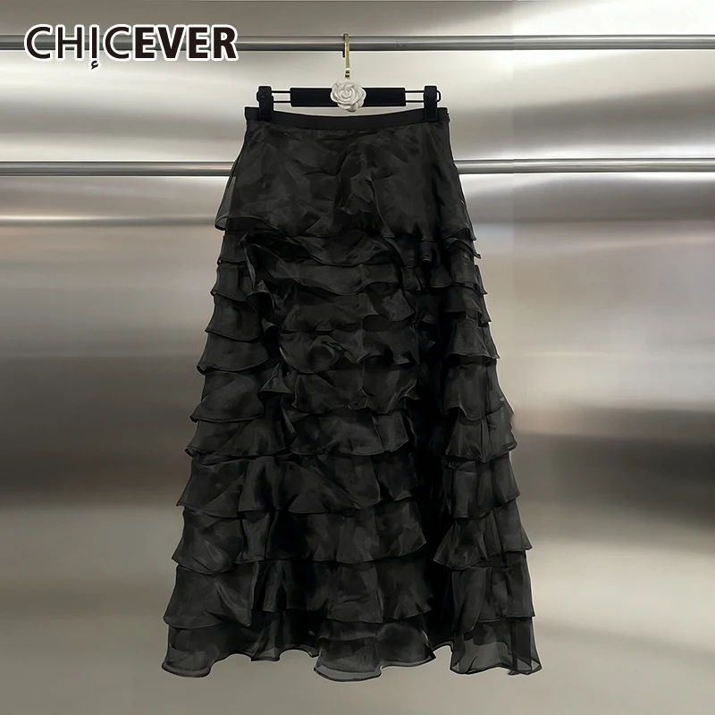 

CHICEVER, черная шикарная юбка с оборками, женская свободная юбка с высокой талией, нежные интеллектуальные женские длинные юбки, осенний модный стиль