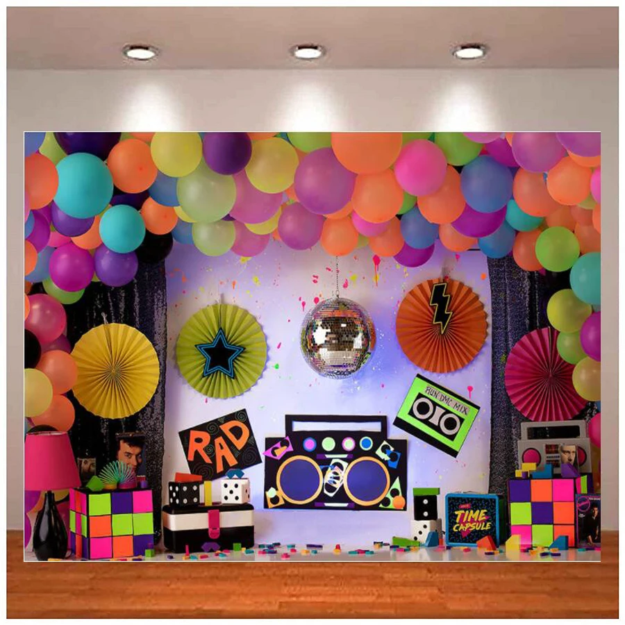 Disco Dance Party Photography Backdrop Birthday Party Colorful Balloons Retro Radio Graduation Decor Background Photo Studio