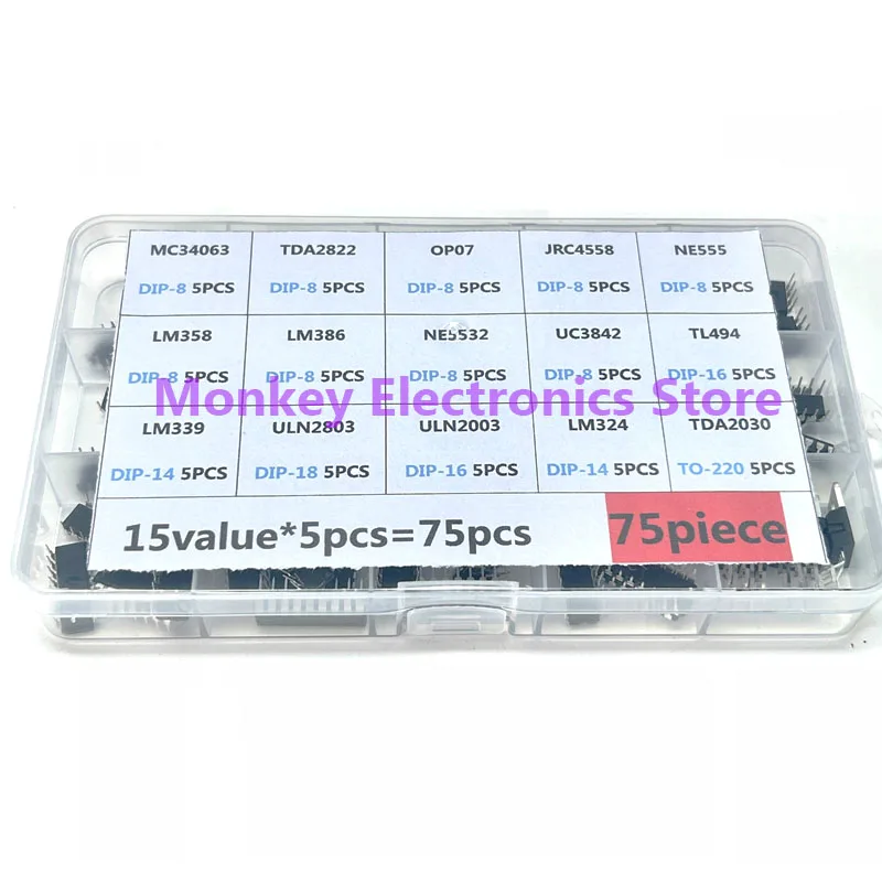 75pcs Integrated Circuit IC DIP Kit Box LM358 LM386 ULN2003 LM324 NE555 MC34063 TL494 ULN2803 LM324 TDA2030 LM339 ULN2803 TDA782