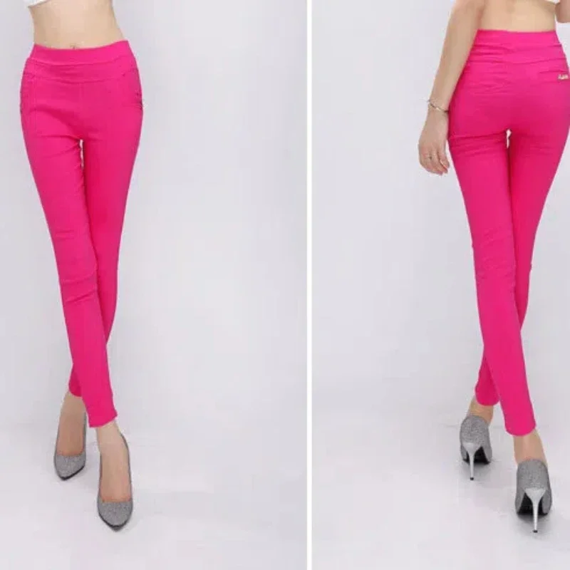 Spring Autumn Women's Clothing Elastic High Waisted Solid Color Pockets Button Casual Pencil Trousers Korean Fashion Pants