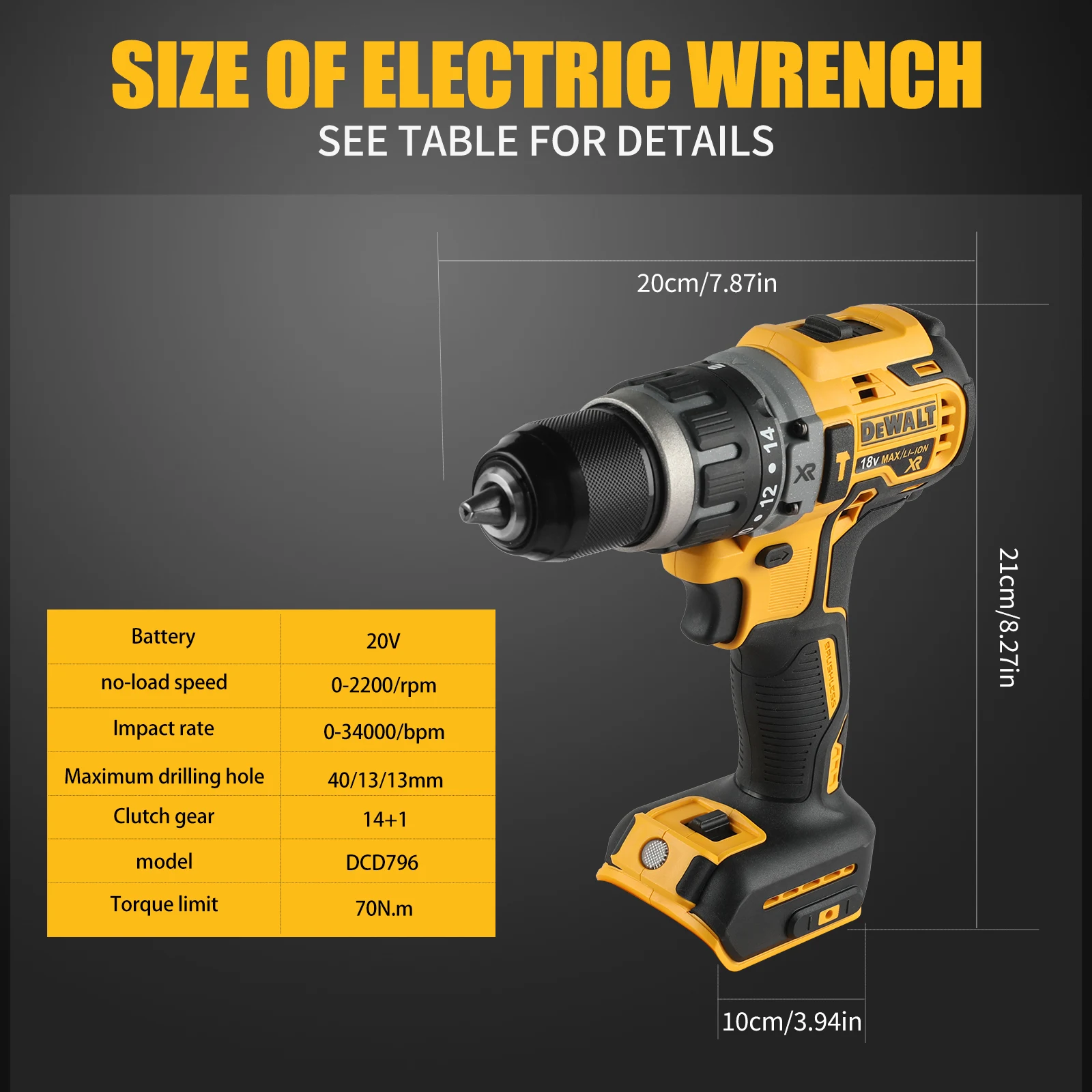 Dewalt DCD796 Bezprzewodowa Wiertarko-Wkrętarka Udarowa Bezszczotkowa Wiertarka Wielofunkcyjna Akumulatorowa Przenośna Narzędzia Elektryczne 20V
