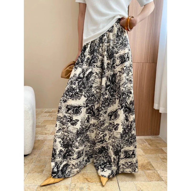 

Women Ink Printing Extended Drape Wide-leg Pants Fashion Simple Casual Loose Basic Beach Holiday Style Female Wide-leg Pants