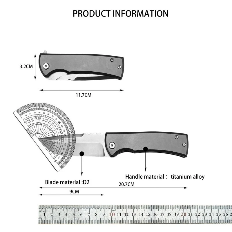 D2 Advanced Folding Knife TC4 Titanium Anti-rust Handle Practical Cutting Knife for Outdoor Camping Adventure and Hunting