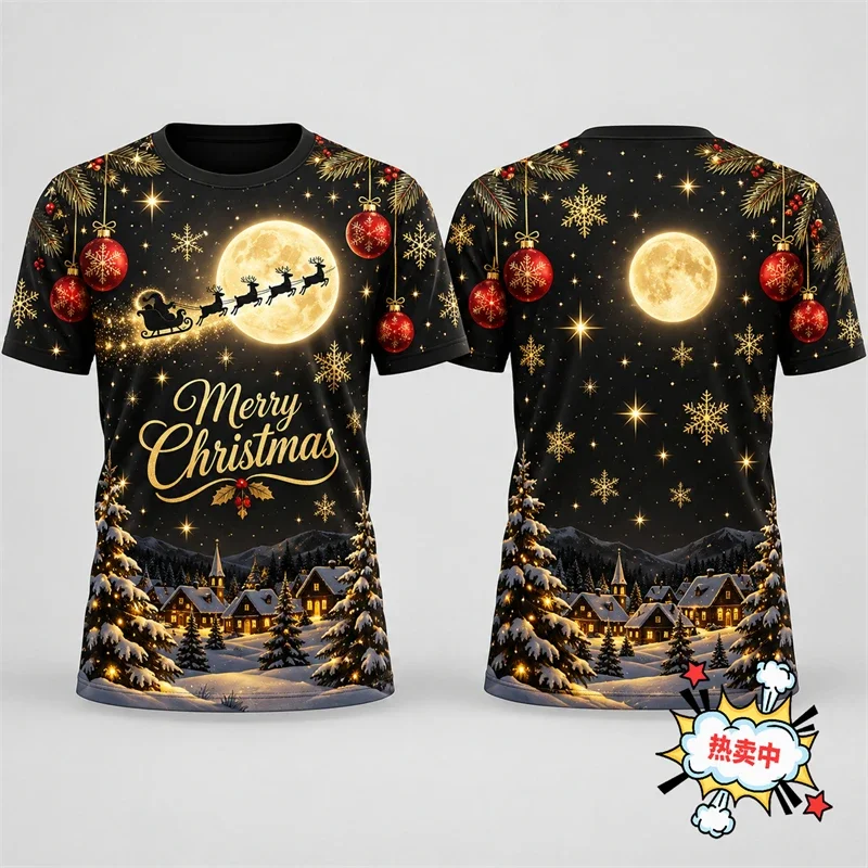 Unisex Merry Christmas T-Shirt Red Snowflake Bauble Print Short Sleeve Tee, Festive Xmas Party Top Holiday Gift for Men Women