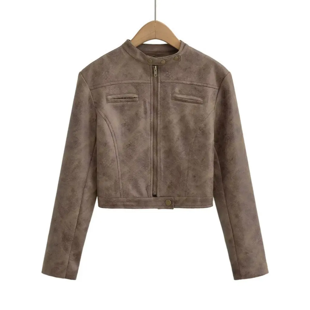 Estilo americano feminino bronzeamento vintage fino ajuste jaqueta de motocicleta outono gola vertical zíper curto topo casual couro do plutônio