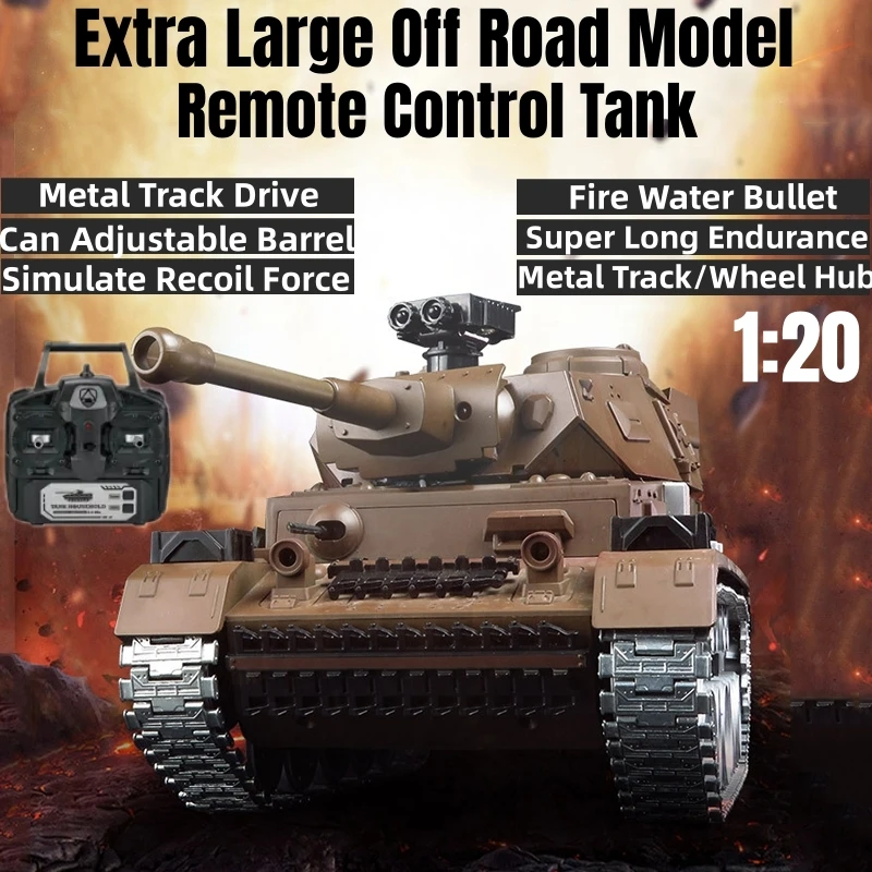 

Extra Large Off Road Model RC Tank Adjustable Barrel Fire Bullet Simulate Recoil Force Metal Track/Wheel Hub Remote Control Tank