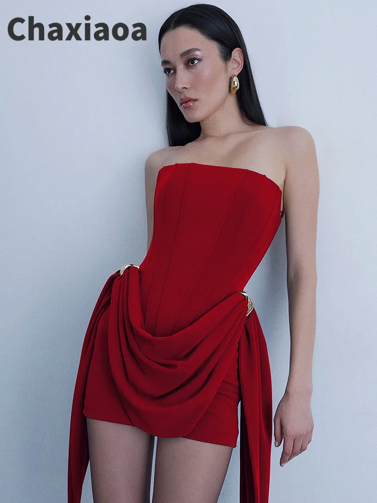 Chaxiaoa Sexy Strapless Tight Backless Fishbone Dress Women Elegant Belt Ribbon Party Evening Dress Christmas Wedding Outfit