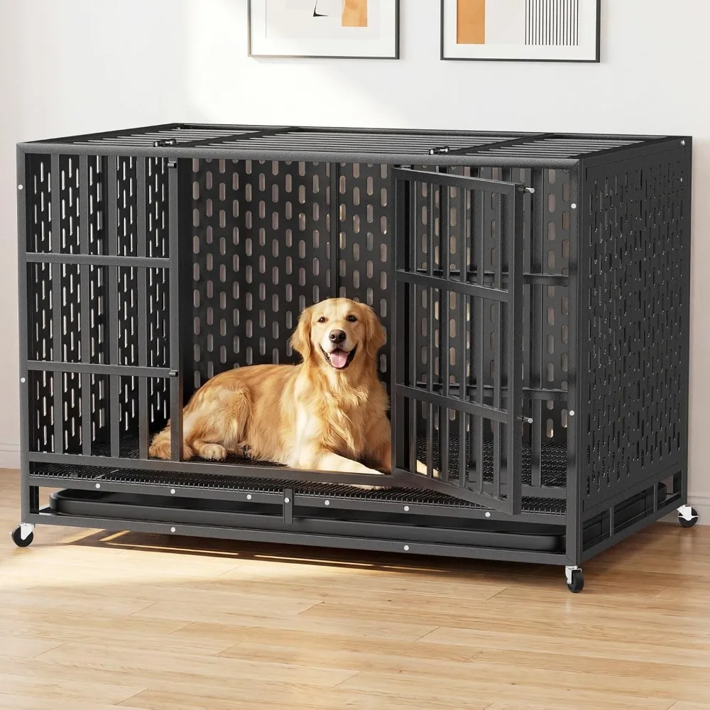 

Heavy Duty Indestructible Dog Crate, Escape Proof Double Door Steel Kennel,Large Dog Crate with Wheels/Removable Tray，Customized