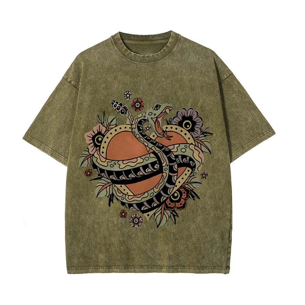 Snake Wrapped Around a Brown Circle with Roses and Lilies Vintage Oversized T-Shirt, All Seasons Gothic Y2k Short Sleeve T-Shirt