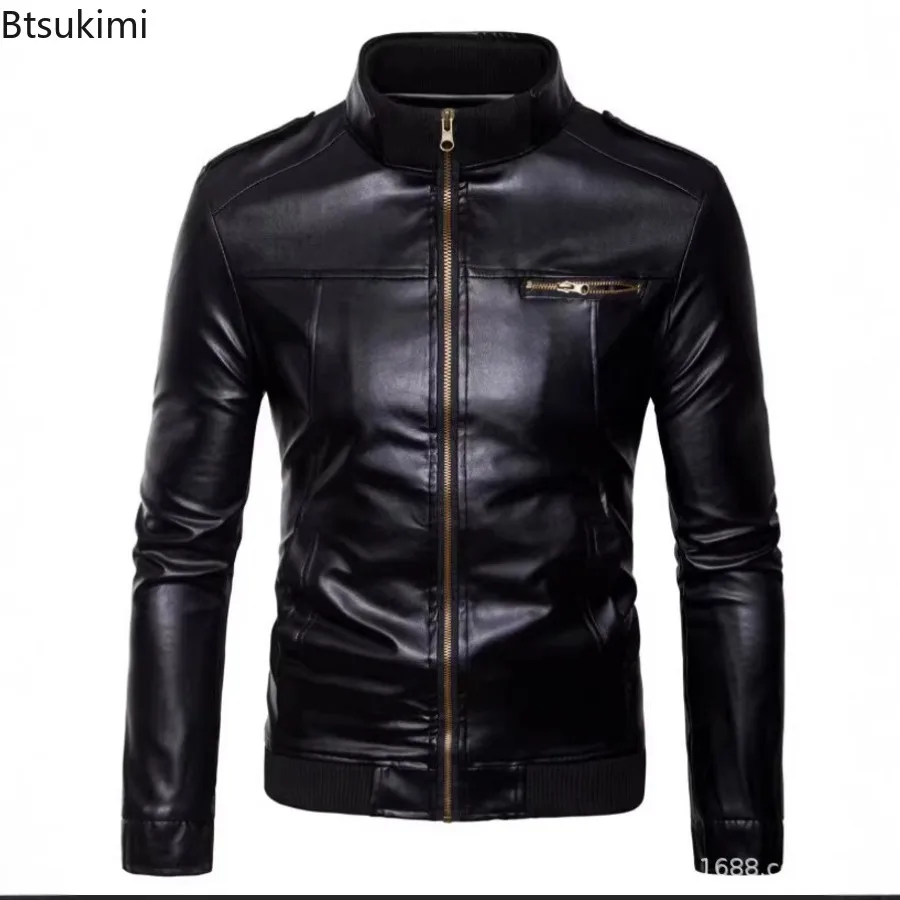 

Fashion New Men's Leather Jackets Solid Stand Collar Slim Motorcycle Coats Autumn Winter Vintage Classic PU Leather Jackets Male