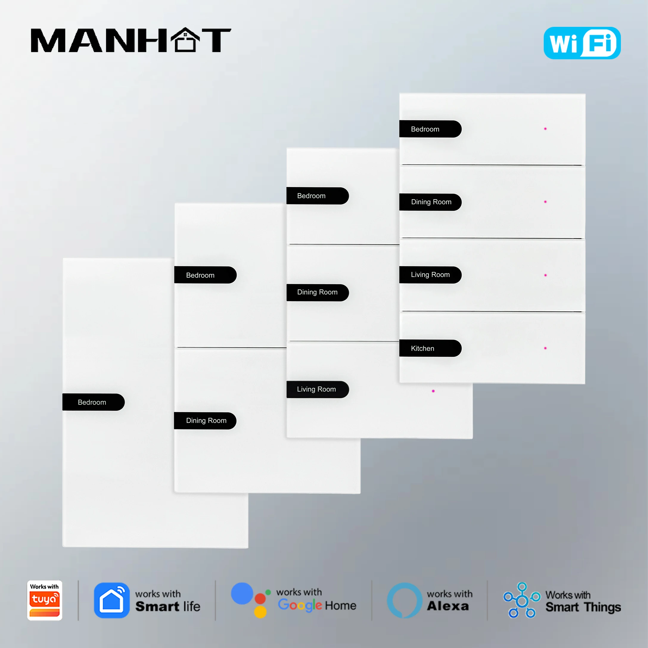 MANHOT Wifi Smart DIY Name Switch 1 2 3 4 Gang US Push Button Display Screen Wall Light Switch Work with Tuya Alexa Google Home