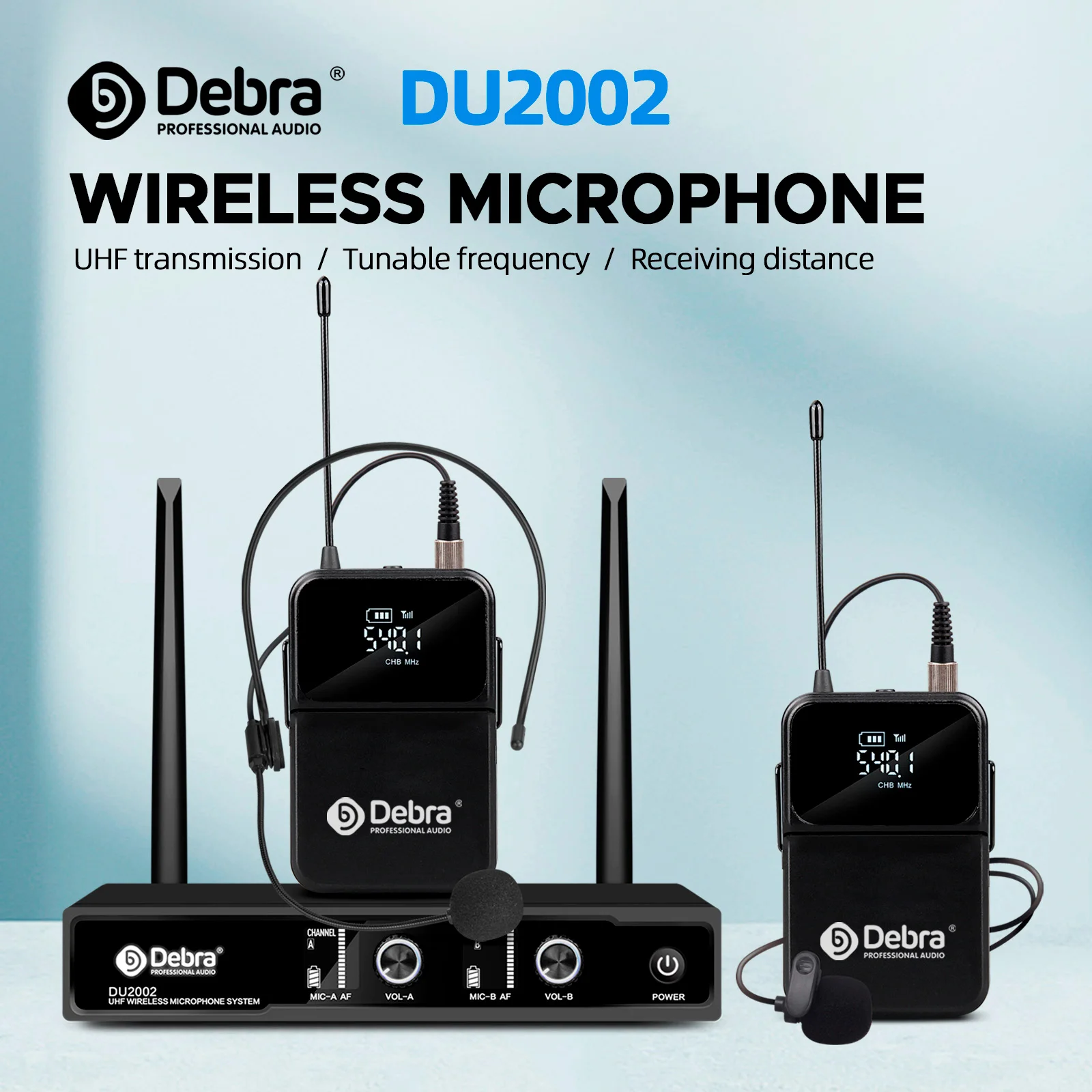 Professional UHF Wireless Microphone System 2 Channel with 60m Range, LCD Display, Handheld/Lavalier/Headset Mics for Speech, Me