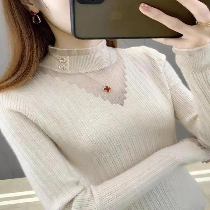

Half turtleneck bottoming sweater to wear with women's autumn and winter 2025 new slim fit versatile sweater lace splicing tops