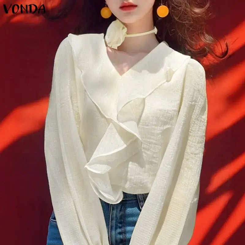 

VONDA женская блузка с рюшами, модные рубашки 2026, весенняя повседневная однотонная туника с длинным рукавом, топы с v-образным вырезом, сексуальные элегантные офисные женские блузки