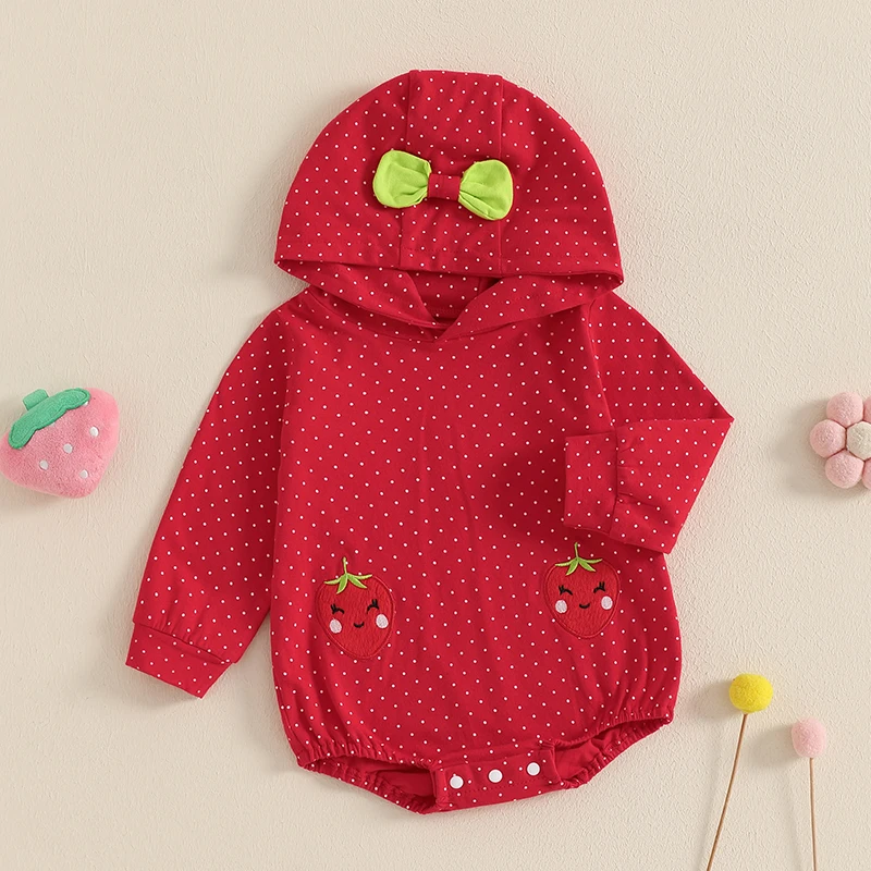 Toddler Baby Girls Hooded Romper Casual Dot Print Strawberry Embroidery Long Sleeve Jumpsuits for Newborn Fashion Clothes