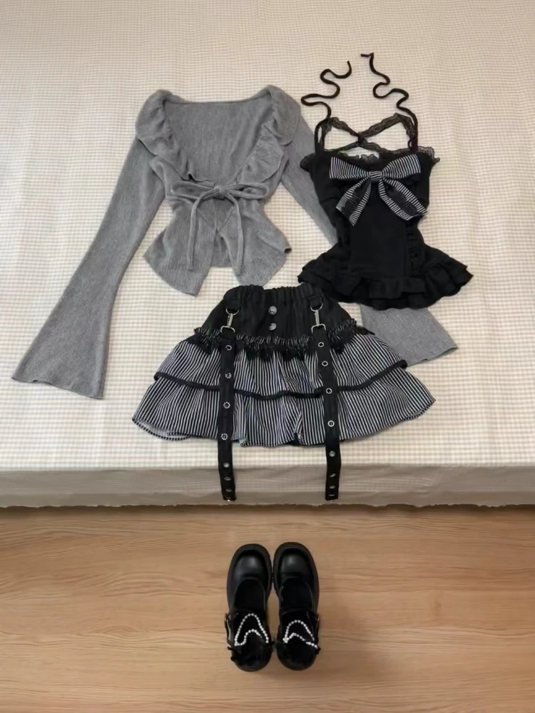 Japanese Sweet Kawaii Lolita 3 Piece Set Casual Cardigan + Slim Lace Bow Vest + High Waist Striped Skirt Autumn Women Outfits