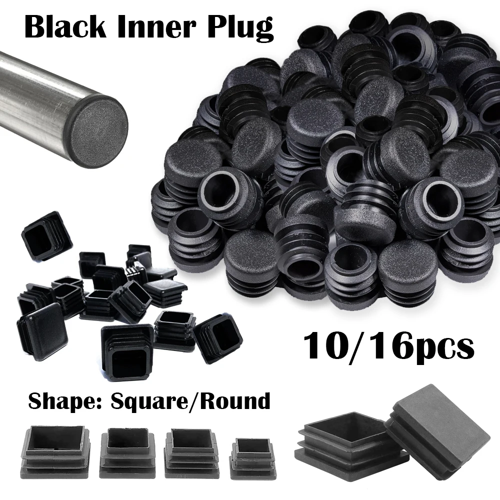 10/16pcs Square/Round Black Plastic Push Fit End Caps,Inner Plug Seal for Pipe Furniture, Waterproof Dust Proof Protection Cover