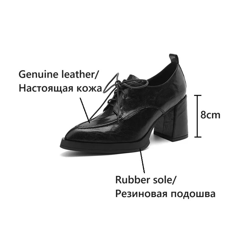 NEW Spring/Autumn Women Shoes Pointed Toe Chunky Heel Shoes Genuine Leather Shoes for Women Retro Lace up High Heel Women Pumps