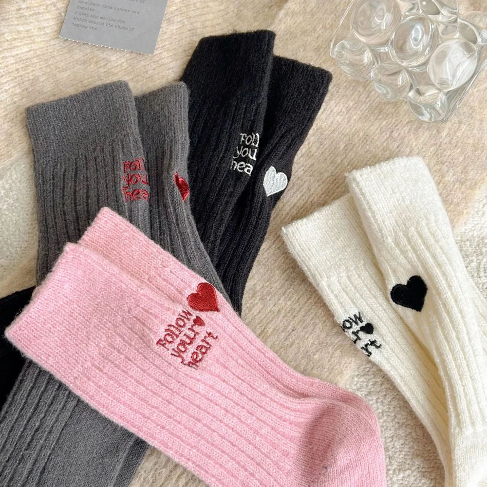 New Embroidered Letter Mid-Tube Socks Keep Warm Middle Tube Snow Boot Socks Thickening Solid Color Knitted Socks Autumn