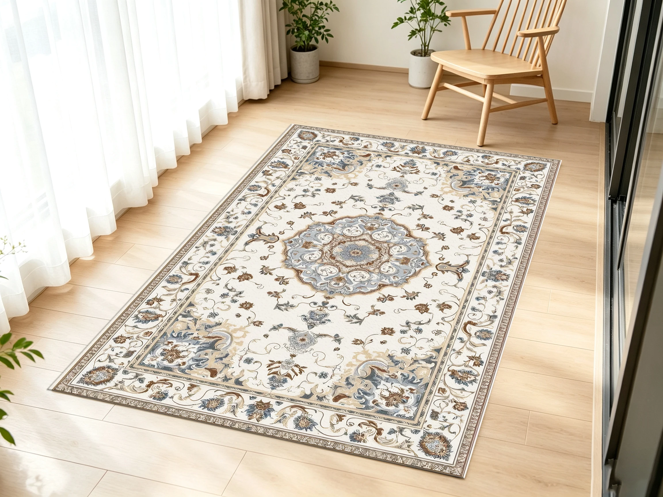 2D Carpet, 2D Large Carpet, in Off-White, Blue, and Brown, Featuring Vintage Persian Floral Patterns   Soft, Comfortable, Suitable For...