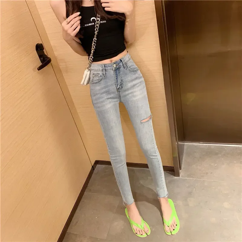 Pencil Slim Fit Women's Cropped Jeans Skinny Cowboy Pants for Woman Spring Harajuku Fashion Z Basics Clothing Emo Pipe Trousers