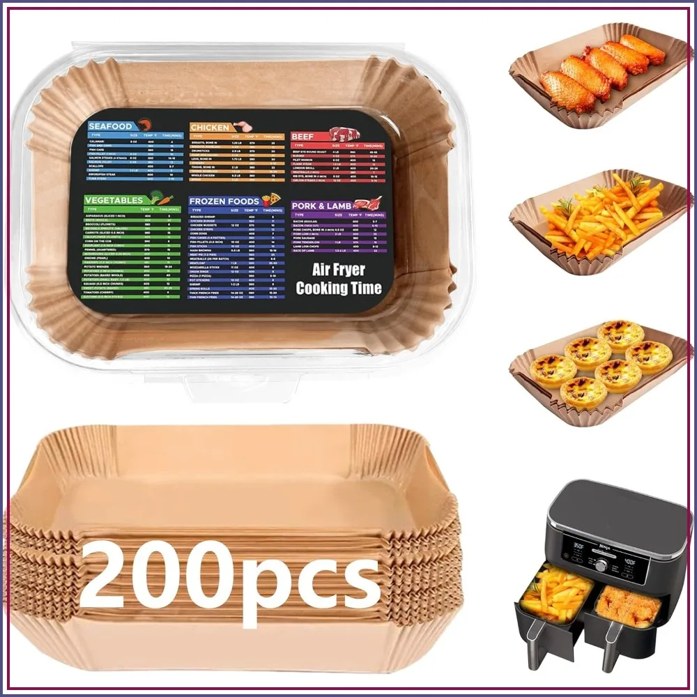 

200PCS Air Fryer Liners: Non-Stick Disposable Parchment Paper for Dual Airfryer Baking, Rectangle 8.6x5.5 Inch